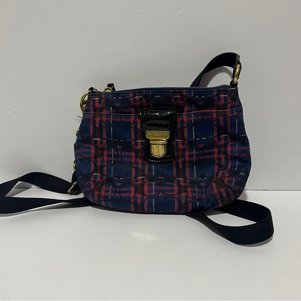 Coach Signature Blue Red Tartan Plaid Crossbody Handbag Purse